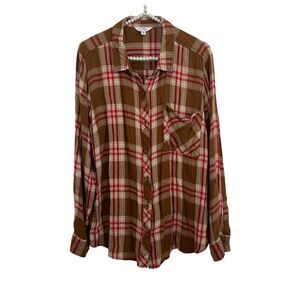 Time & Tru Plaid Long Sleeve Brown Button Front Collared Top Women’s Size XXL